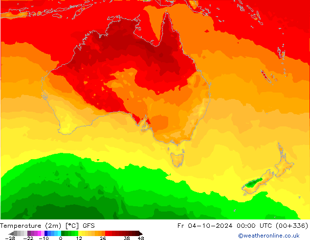 Temperatuurkaart (2m) GFS vr 04.10.2024 00 UTC