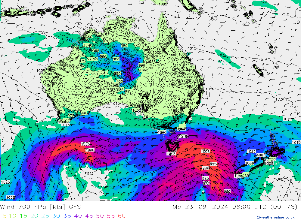 Vent 700 hPa GFS lun 23.09.2024 06 UTC