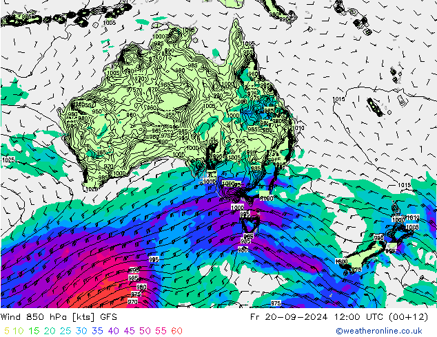 Vento 850 hPa GFS ven 20.09.2024 12 UTC