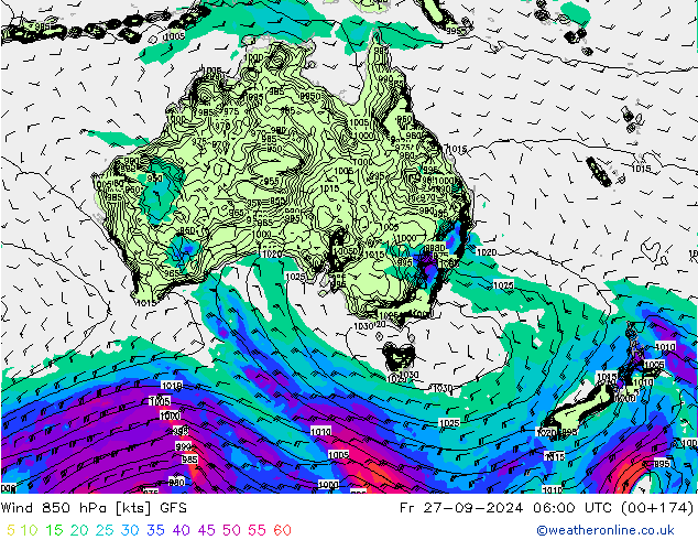 Rüzgar 850 hPa GFS Cu 27.09.2024 06 UTC