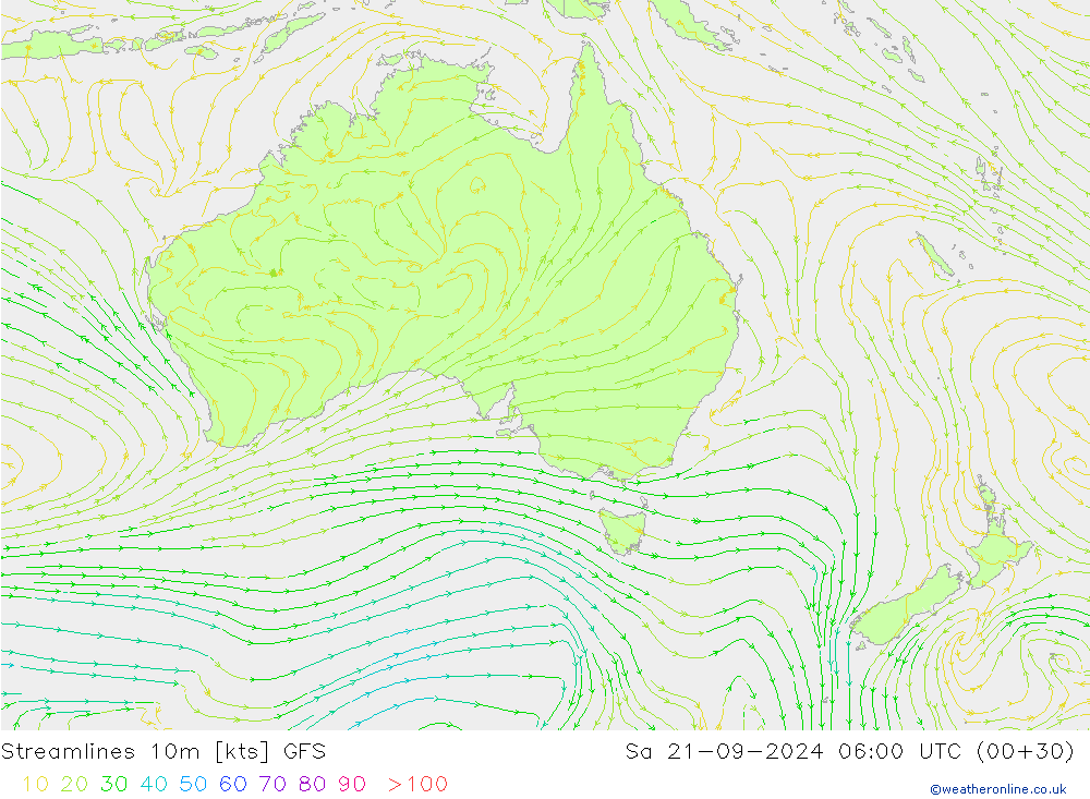 Linea di flusso 10m GFS sab 21.09.2024 06 UTC