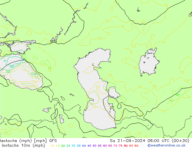 Izotacha (mph) GFS so. 21.09.2024 06 UTC