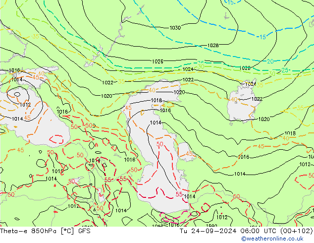 Theta-e 850hPa GFS Sa 24.09.2024 06 UTC