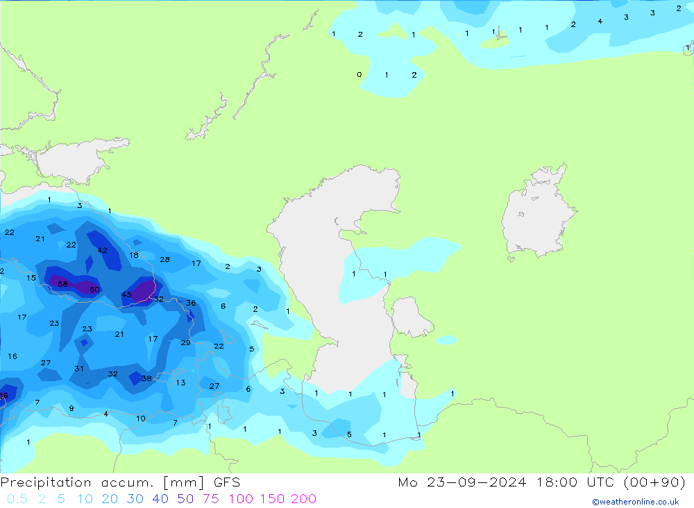 Totale neerslag GFS ma 23.09.2024 18 UTC