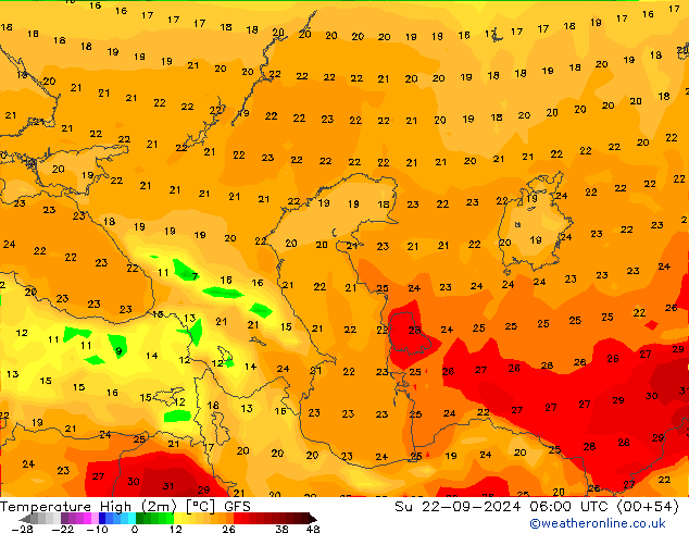 Temp. massima (2m) GFS dom 22.09.2024 06 UTC