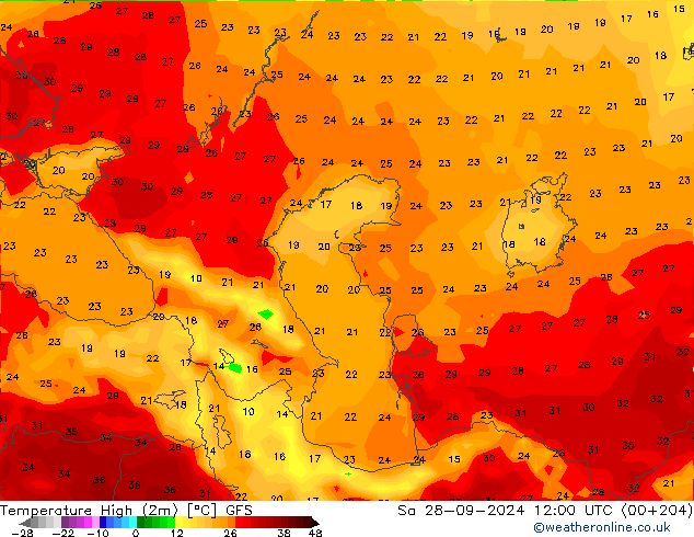 température 2m max GFS sam 28.09.2024 12 UTC