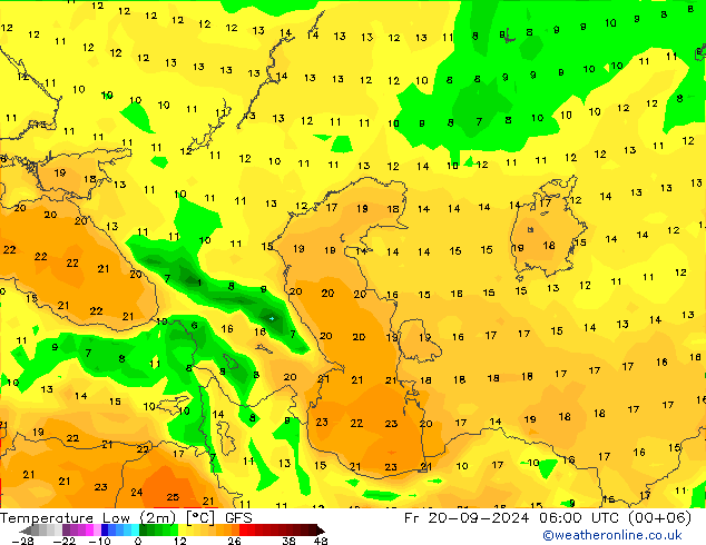 Nejnižší teplota (2m) GFS Pá 20.09.2024 06 UTC