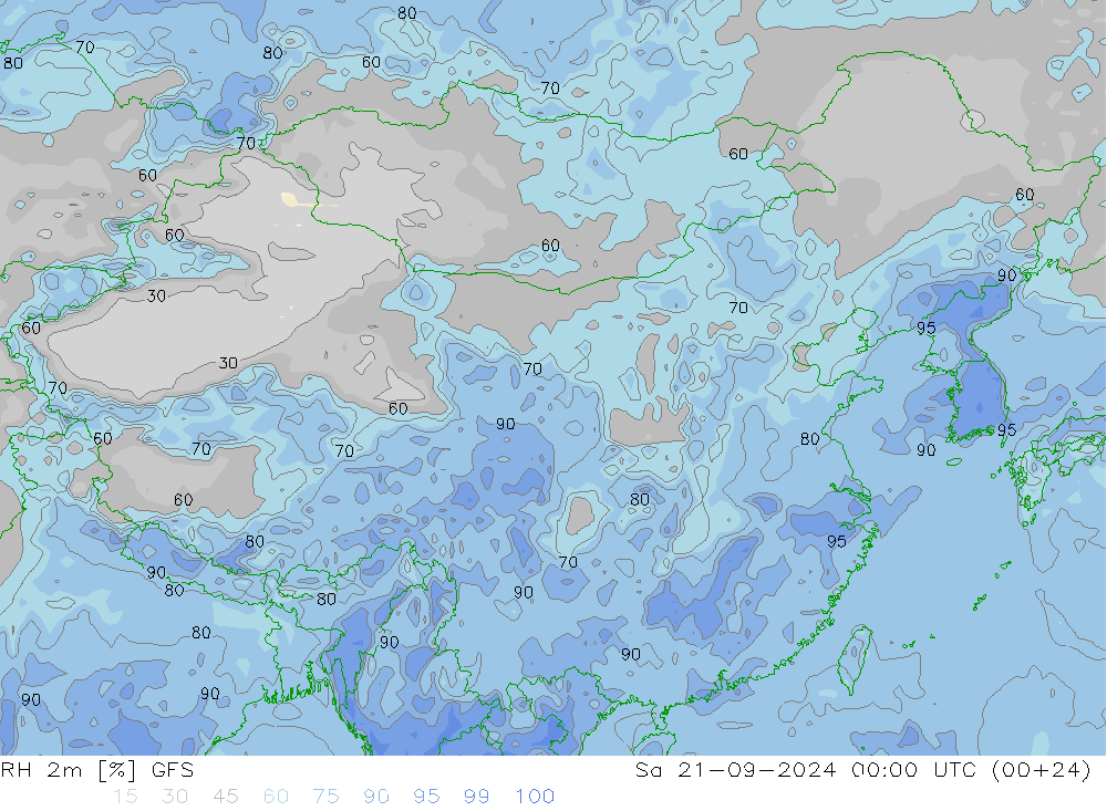 RH 2m GFS 星期六 21.09.2024 00 UTC