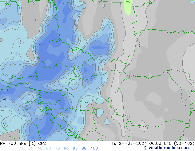 RH 700 hPa GFS wto. 24.09.2024 06 UTC