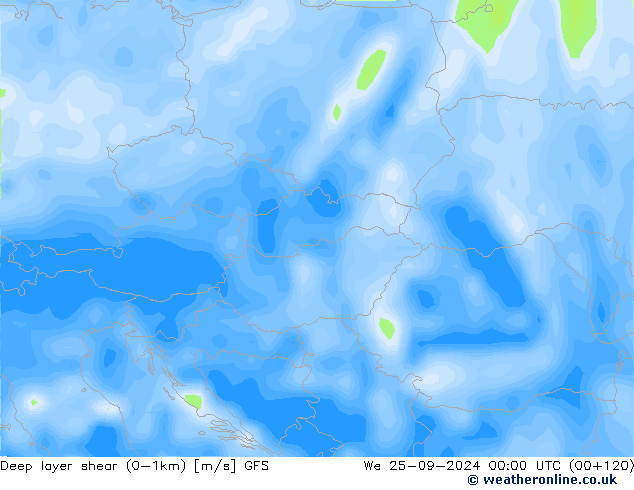 Deep layer shear (0-1km) GFS We 25.09.2024 00 UTC