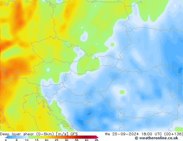 Deep layer shear (0-6km) GFS mié 25.09.2024 18 UTC