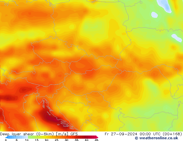 Deep layer shear (0-6km) GFS ven 27.09.2024 00 UTC