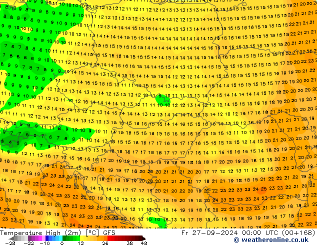 temperatura máx. (2m) GFS Sex 27.09.2024 00 UTC