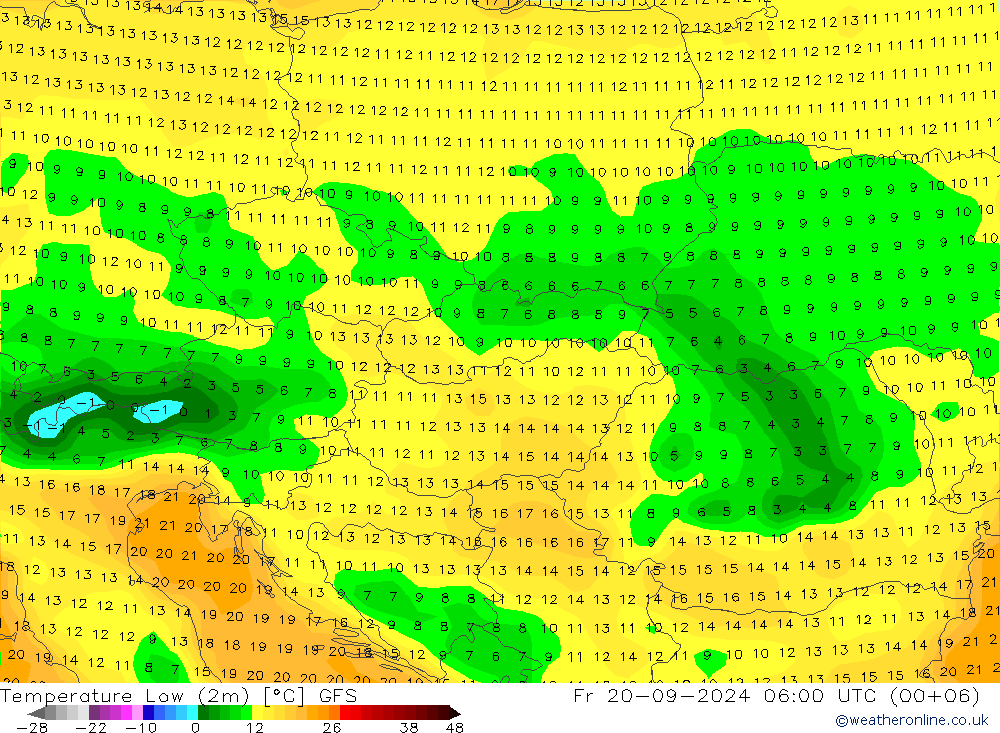 Nejnižší teplota (2m) GFS Pá 20.09.2024 06 UTC