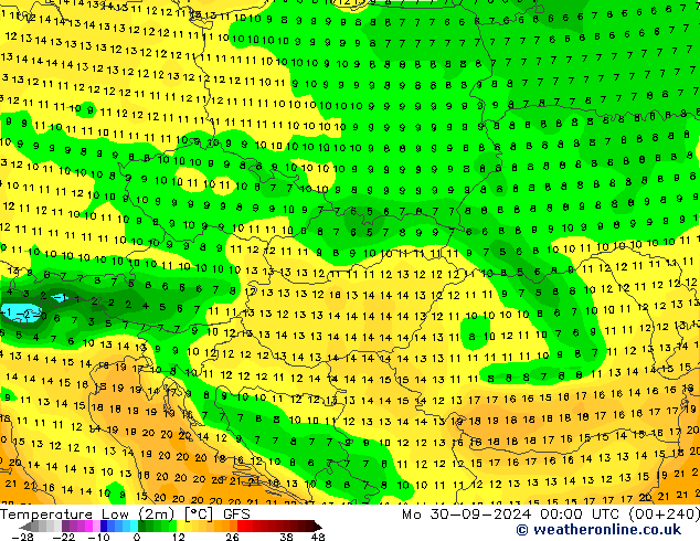 temperatura mín. (2m) GFS Seg 30.09.2024 00 UTC