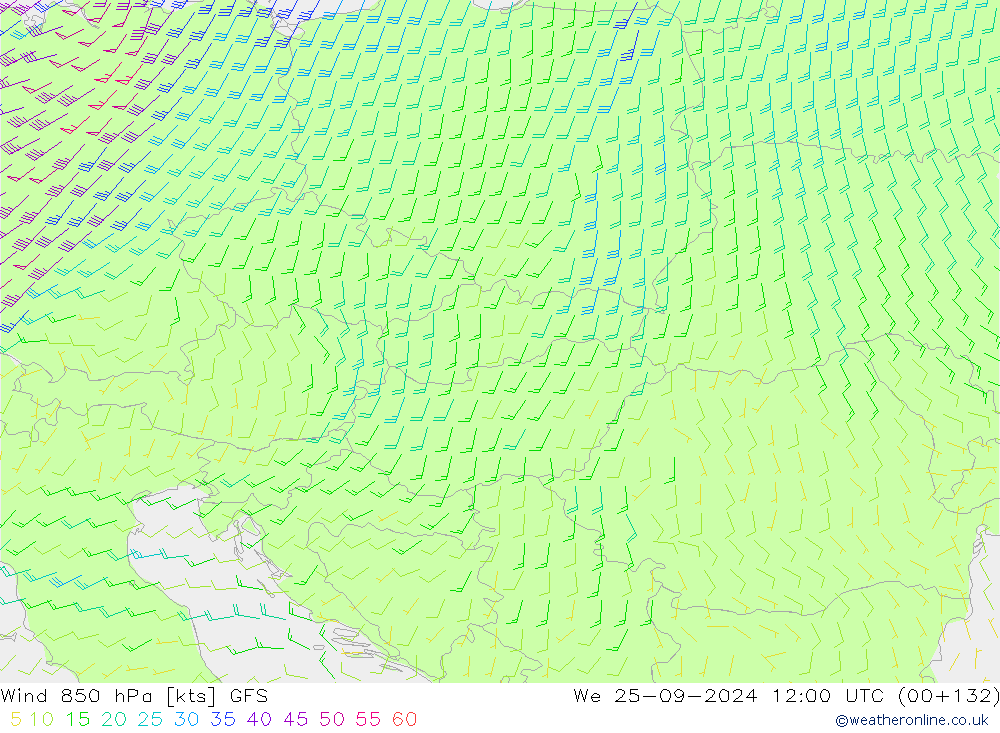 Wind 850 hPa GFS We 25.09.2024 12 UTC