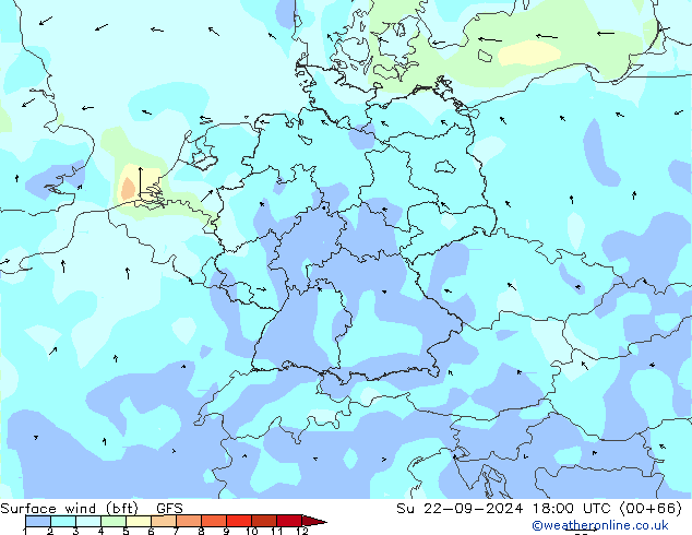 wiatr 10 m (bft) GFS nie. 22.09.2024 18 UTC