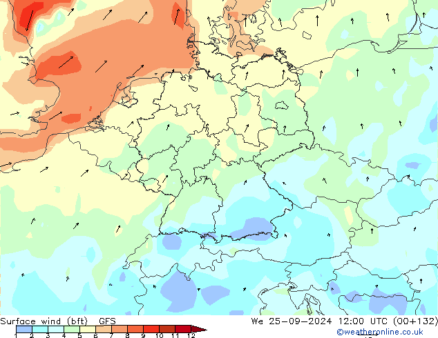 Bodenwind (bft) GFS Mi 25.09.2024 12 UTC