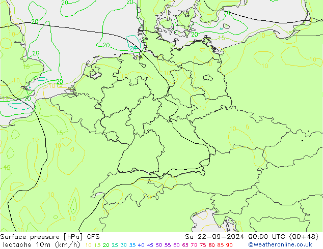 Isotachen (km/h) GFS So 22.09.2024 00 UTC