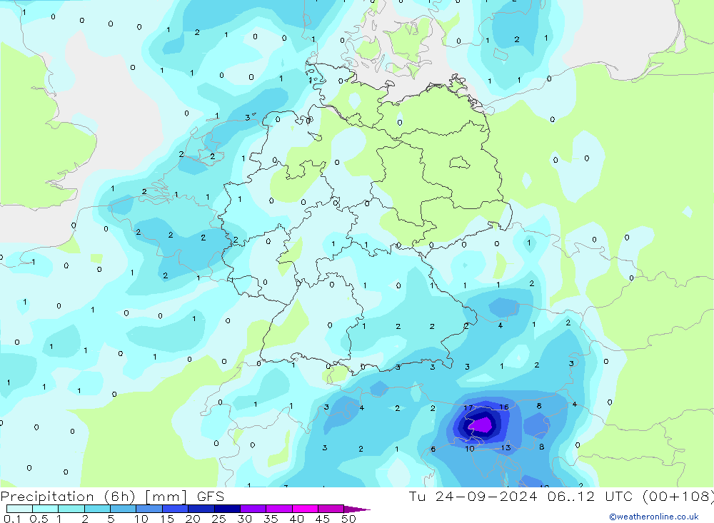 Precipitation (6h) GFS Tu 24.09.2024 12 UTC