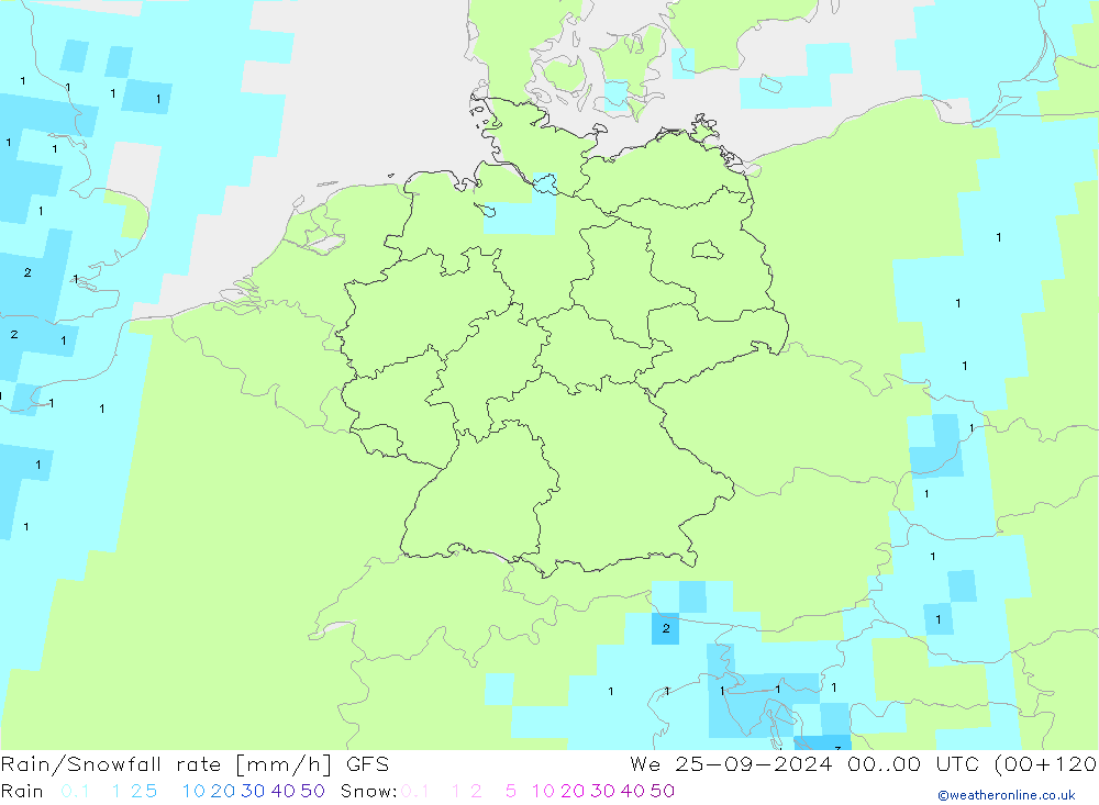 Rain/Snowfall rate GFS śro. 25.09.2024 00 UTC