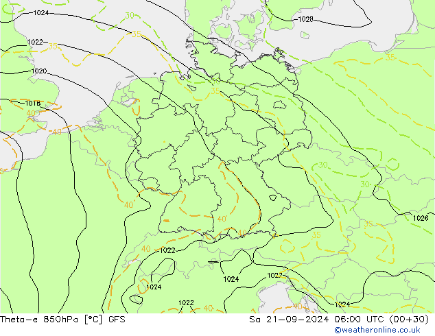 Theta-e 850hPa GFS Sa 21.09.2024 06 UTC