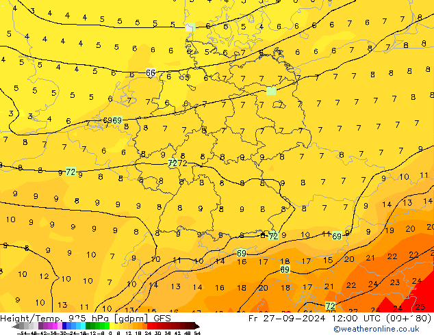 Height/Temp. 925 hPa GFS pt. 27.09.2024 12 UTC