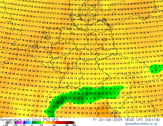 Temperature Low (2m) GFS Fr 20.09.2024 18 UTC