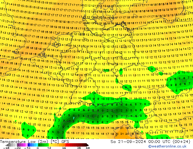 Temperature Low (2m) GFS Sa 21.09.2024 00 UTC