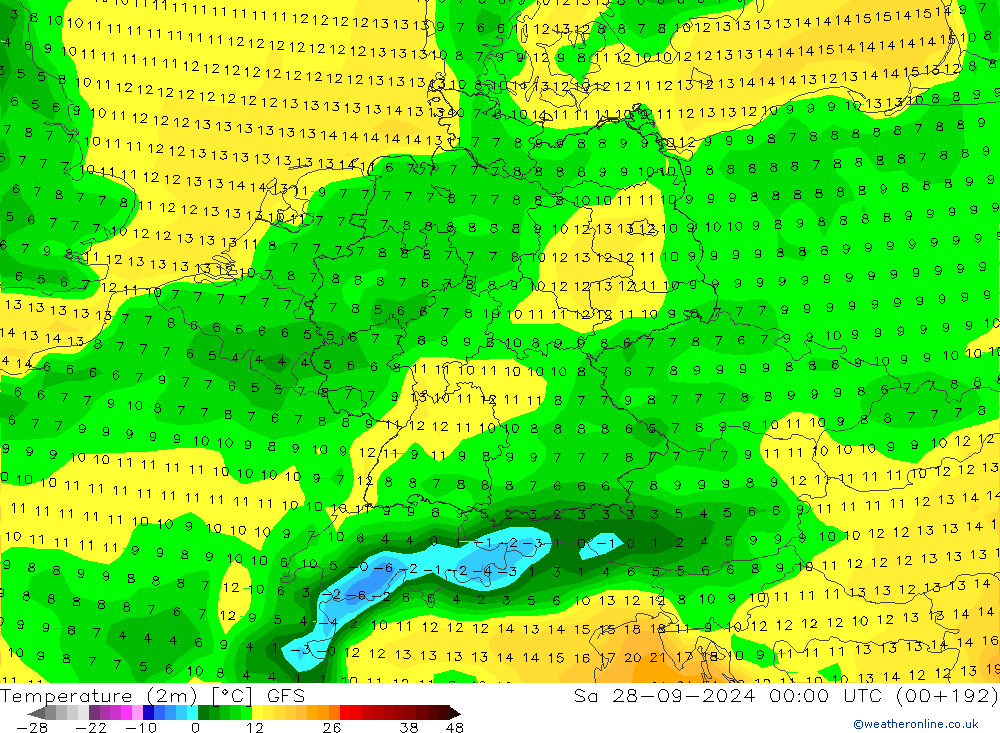 Temperatuurkaart (2m) GFS za 28.09.2024 00 UTC