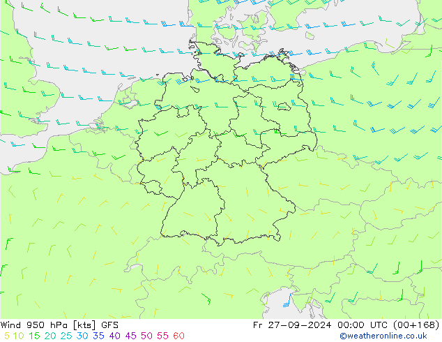 Wind 950 hPa GFS Fr 27.09.2024 00 UTC