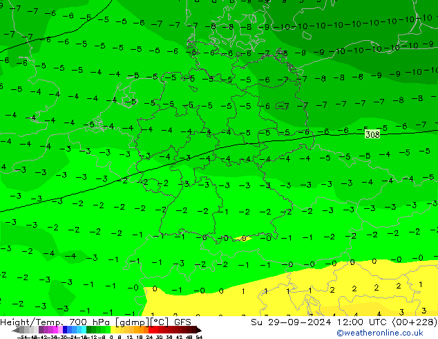 Height/Temp. 700 hPa GFS Ne 29.09.2024 12 UTC