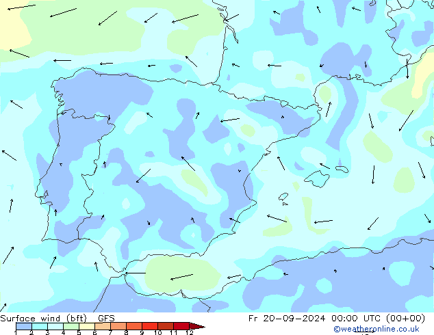 Surface wind (bft) GFS Pá 20.09.2024 00 UTC