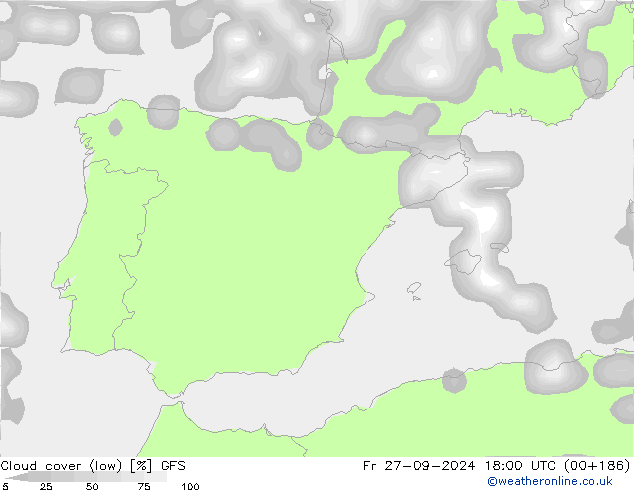 Cloud cover (low) GFS Fr 27.09.2024 18 UTC