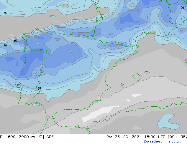 Humedad rel. 600-3000m GFS mié 25.09.2024 18 UTC