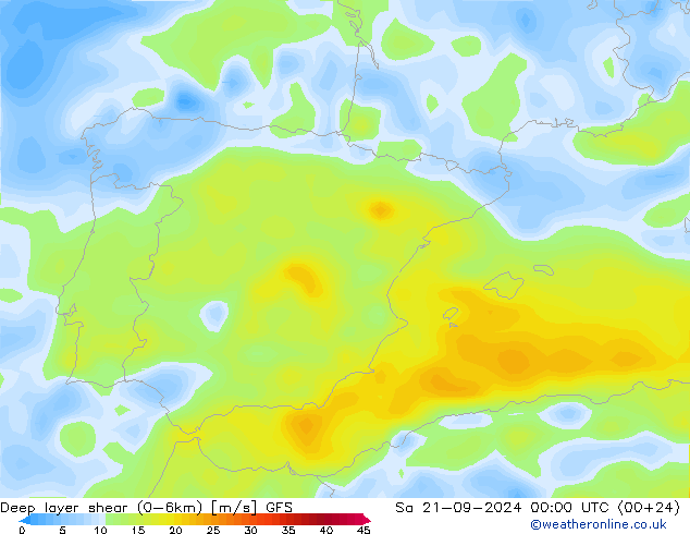 Deep layer shear (0-6km) GFS Sa 21.09.2024 00 UTC