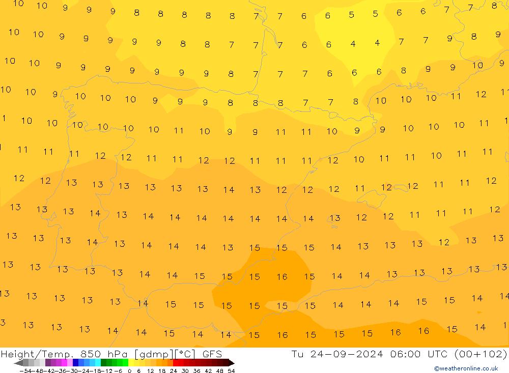 Hoogte/Temp. 850 hPa GFS di 24.09.2024 06 UTC