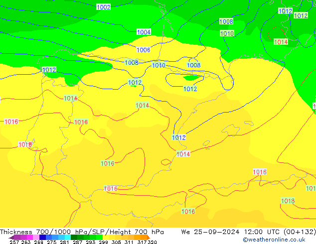 Thck 700-1000 hPa GFS We 25.09.2024 12 UTC
