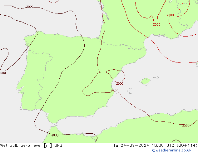 Wet bulb zero level GFS Tu 24.09.2024 18 UTC