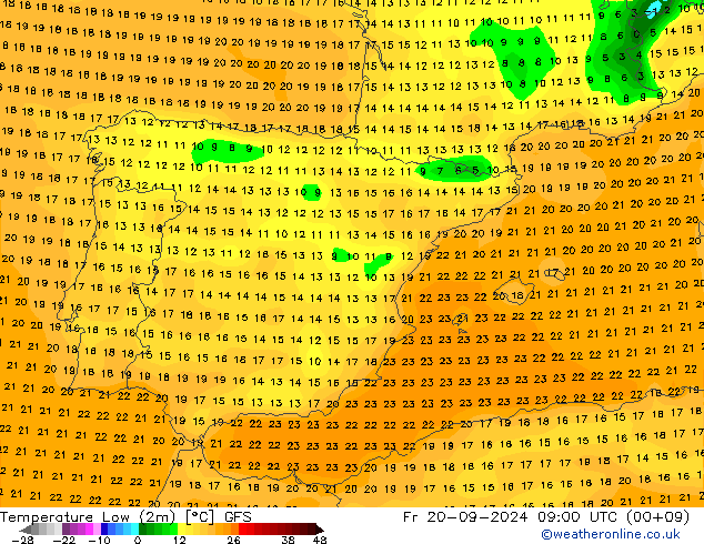 Min. Temperatura (2m) GFS pt. 20.09.2024 09 UTC