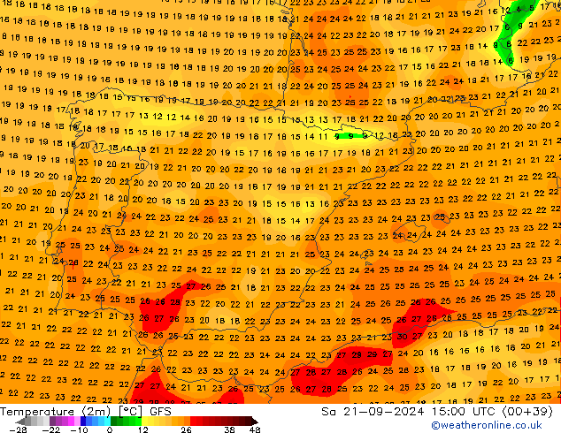 Temperatuurkaart (2m) GFS za 21.09.2024 15 UTC