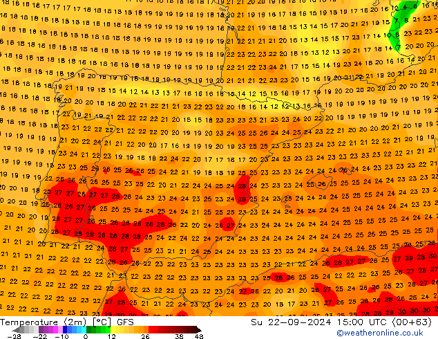 mapa temperatury (2m) GFS nie. 22.09.2024 15 UTC