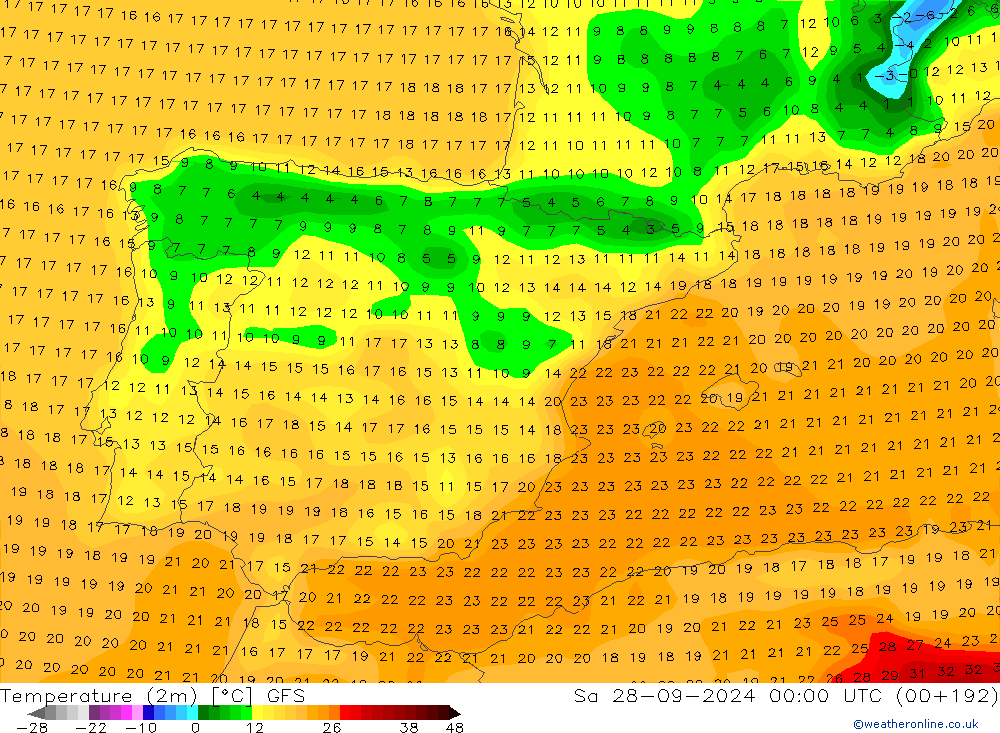 Temperatura (2m) GFS sab 28.09.2024 00 UTC