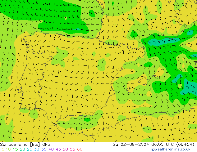 Wind 10 m GFS zo 22.09.2024 06 UTC