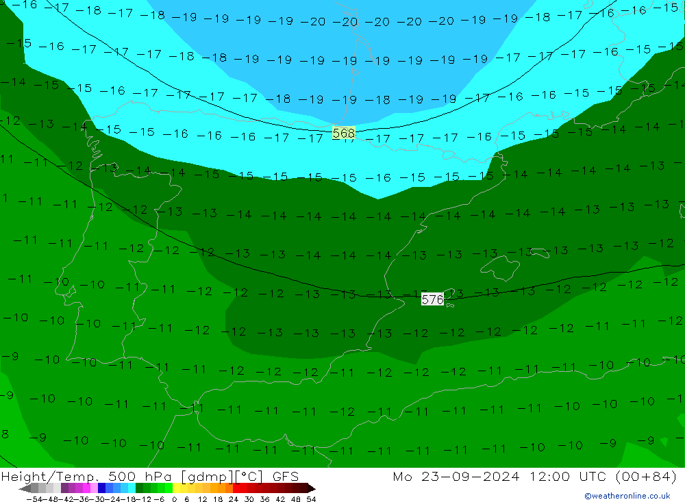 Height/Temp. 500 hPa GFS pon. 23.09.2024 12 UTC