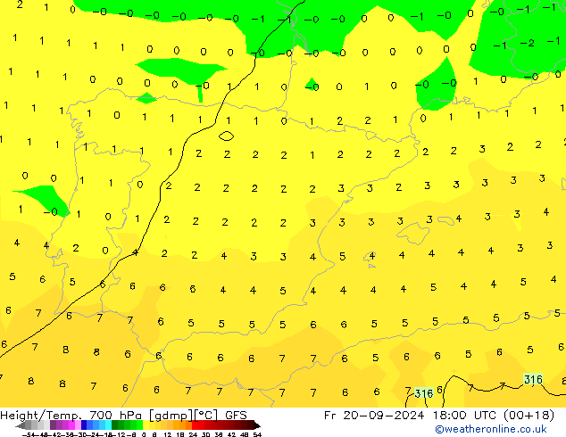 Height/Temp. 700 hPa GFS Fr 20.09.2024 18 UTC