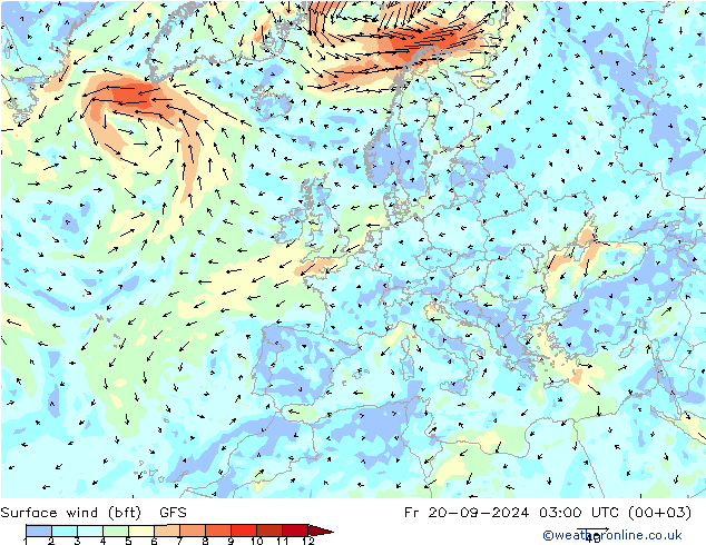 Vento 10 m (bft) GFS Sex 20.09.2024 03 UTC