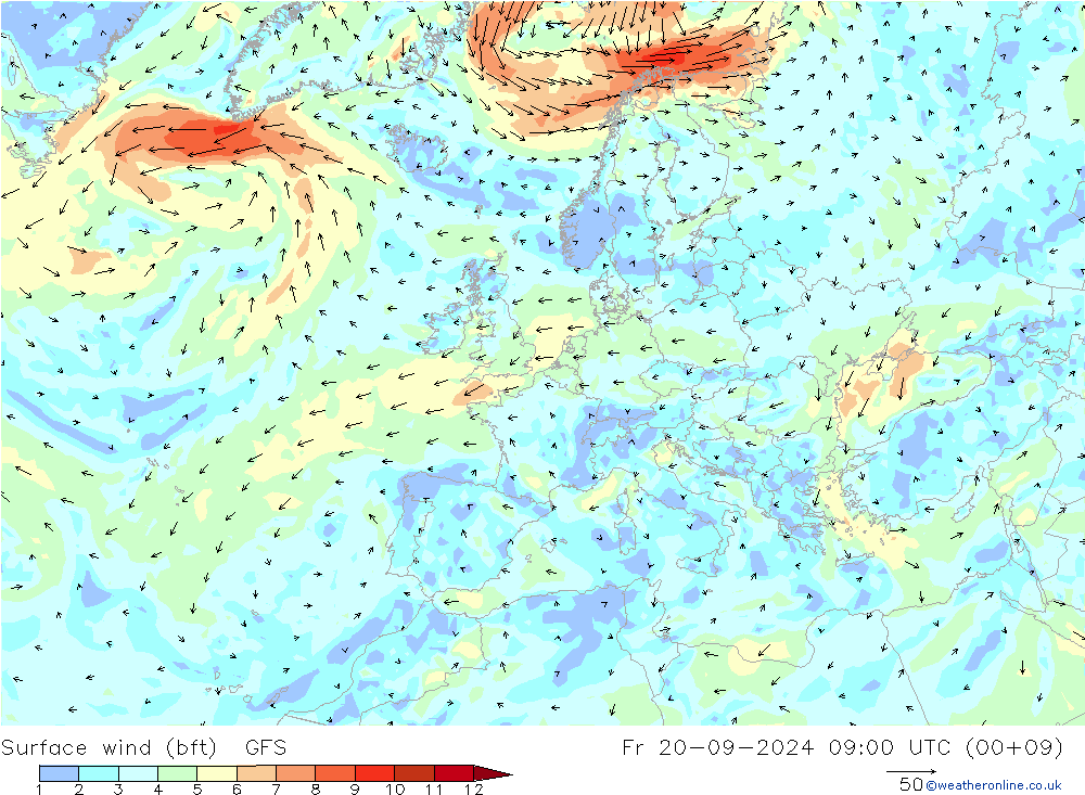 Surface wind (bft) GFS Fr 20.09.2024 09 UTC