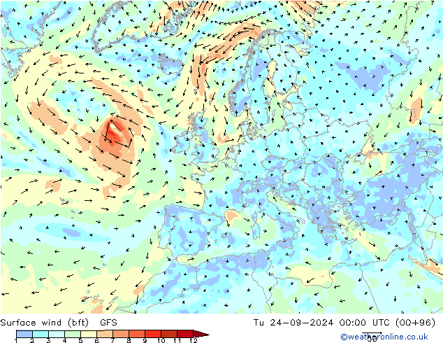 Bodenwind (bft) GFS Di 24.09.2024 00 UTC