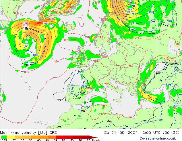 Max. wind velocity GFS So 21.09.2024 12 UTC